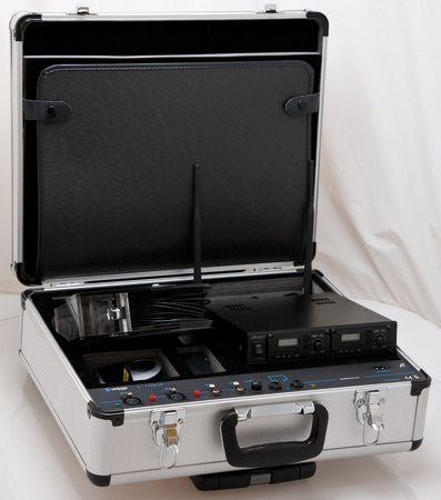 P-Loop2 Flight case open to show integrated room hearing loop amplifier and  FM receiver Module